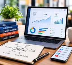Digital marketing strategy with analytics, content, social media and paid campaigns