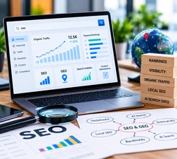 SEO and GEO strategy for search visibility, local search, content optimization and AI search