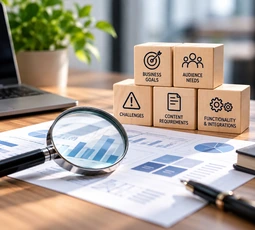 Business goals, audience needs and project requirements being analyzed before digital planning